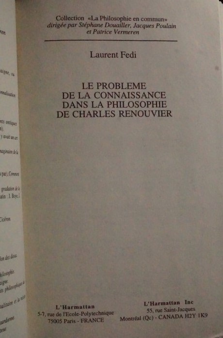 La Problème de la commaissance dans la Philosophie de Charles Renouvier