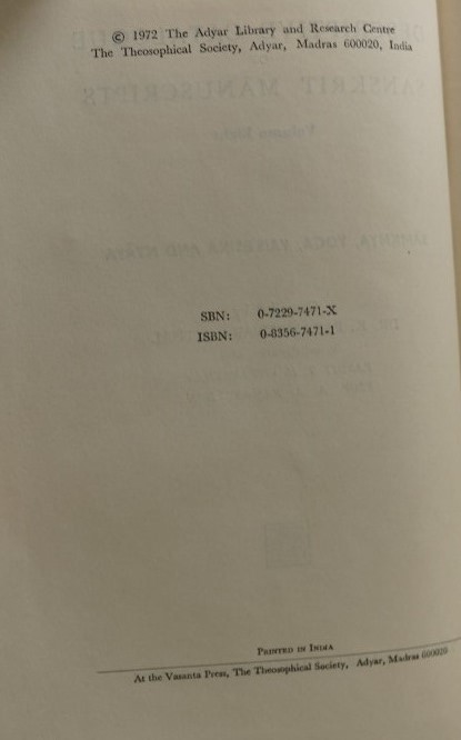 Descriptive Catalogue of Sanskrit Manuscripts in the Adyar Library Vol. VIII - Samkhya, Yoga, Vaisesika and Nyaya