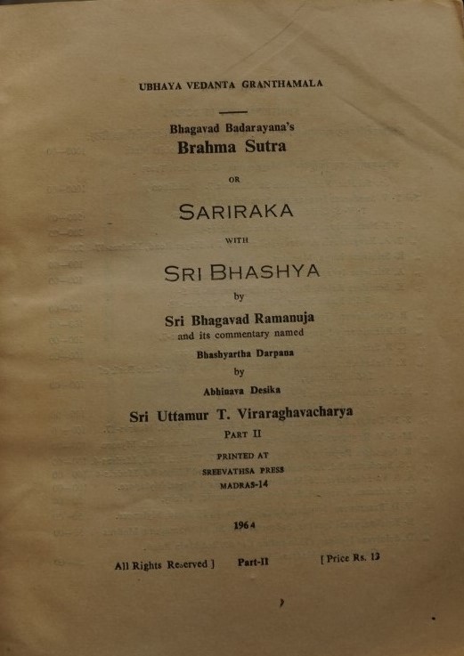Bhagavad Badarayana's Brahma Sutra or Sariraka with Sri Bhashya